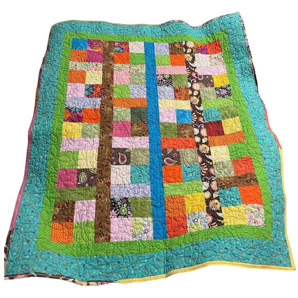 Handmade Patchwork Quilt Log Cabin Pattern Colorful Fabric Artisan Made 41 x 34 - Picture 1 of 7